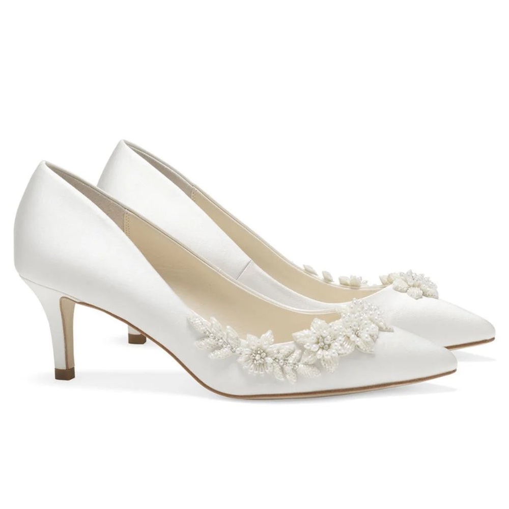 White Floral Embellished Kitten Heel Pumps